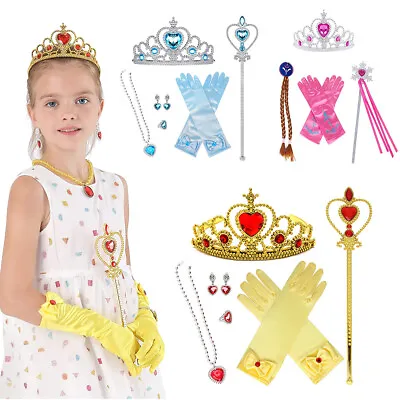 £7.99 • Buy Elsa Belle Dress Up Accessories Set Princess Crown Wand Gloves Necklace Earrings