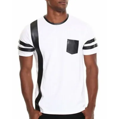 Leather Genuine Lambskin Men's T-Shirt White Leather With Black Stripes For Men • $117.77