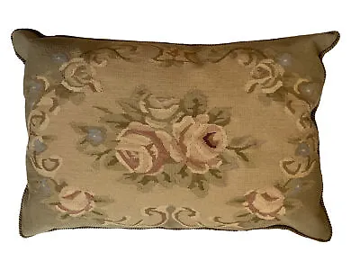 Vtg Wool Embroidered Tapestry Velvet Back Pillow 21 X 14 Corded Edge • $33.49