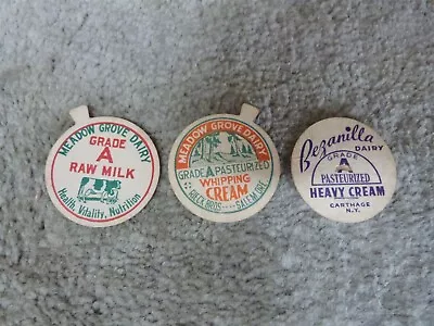 Lot O 3 VINTAGE Milk Bottle Cardboard Cap Inserts MEADOW GROVE DAIRY & BEZANILLA • $11.24