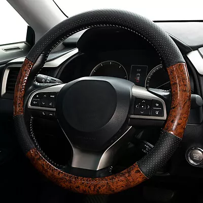 Leather Car Steering Wheel Cover Anti-Slip Grip Mahogany Wood Pattern Universal/ • $18.52