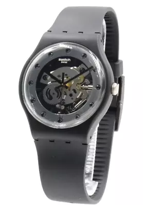 New Swiss Swatch Sparkling Circle SILVER GLAM Black Silicone Watch 40mm SO29B109 • $80