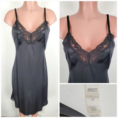 $27.99 • Buy Vintage Adonna Sz 36 Nylon Full Slip Nightgown Dress Lace Bodice Black