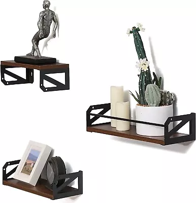 Set Of 3 Floating Shelves Wood Color Dark Brown Wall Mounted Storage Decoration • £24.99