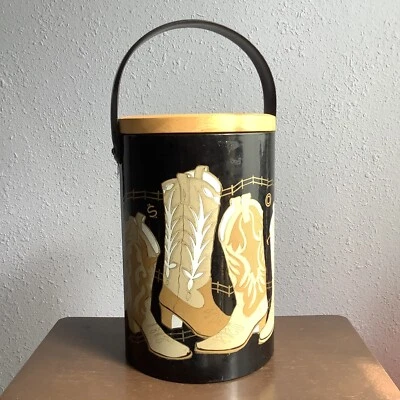 $34.99 • Buy George Briard Cowboy Boots Ice Bucket Black Vinyl With Handle Wood Top