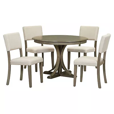 5-Piece Retro Round Dining Table Set Wooden Table And 4 Upholstered Chairs Taupe • $620.99