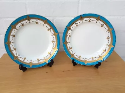 2 X Minton Turquoise Gold Gilded Small Cabinet Plates 7 3/4  Dia. Pair Pat 1150 • £35