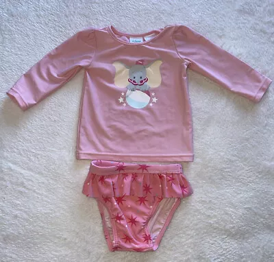 Disney Baby Size 00 Dumbo 2pc Swim Set Size Pink Frill Stars Girls Baby EUC • $5.95