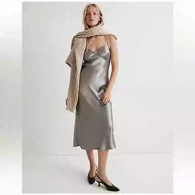 Madewell The Layton Midi Slip Dress Grey Metallic Satin Size 0 NO120 New • $40