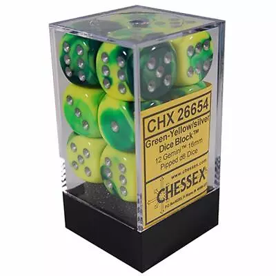 Chessex Dice D6 Sets Gemini Green & Yellow / Silver 16mm Six Side Die CHX 26654 • $9.39