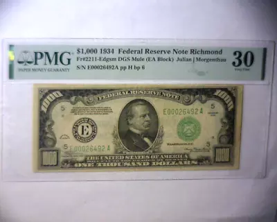 1934  One Thousand Dollar Federal Reserve Note🌟mule🌟pmg 30+🌟richmond Va.🌟 • $3800