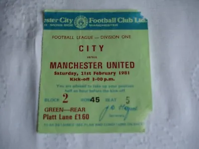 Manchester City V Manchester United Rare TICKET TUB 21 Feb 1981 Div1 • £4.99
