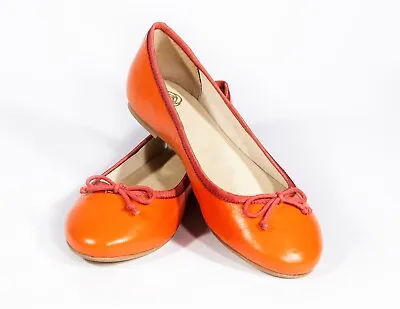 Size 7 Genuine Leather Ballet Ballerina Flat Shoes Pumps - Orange With Pink Trim • £29.99