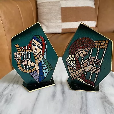 Vintage MCM Dayagi Brass Enamel Mosaic Bookends Made In Israel David Miriam • $50