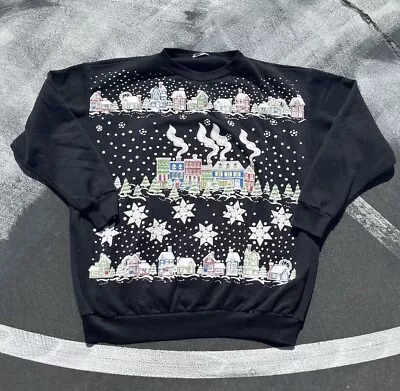 Vintage Christmas Holiday Snow Crewneck Sweatshirt Black Large All Over Print • $29.99