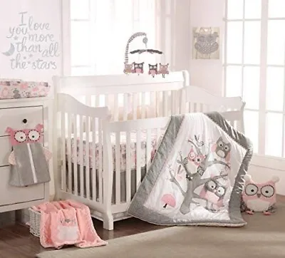 $100 • Buy Levtex Baby - Night Owl Pink Crib Bed Set - Baby Nursery Set - Pink, Grey, White