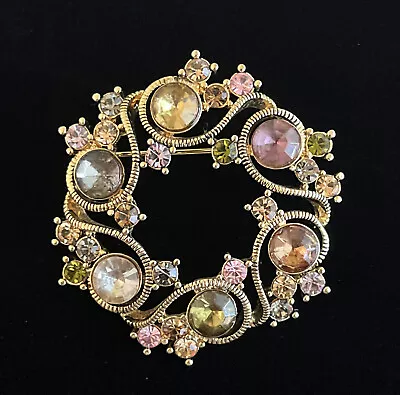 Monet Signed Brooch Vintage Gold Tone Flower Wreath With Multicolor Rhinestone's • $12.99