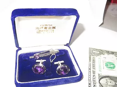 Vintage Sterling Purple Amethyst Cuff Links Tie Clip Set (A121) • $19.99