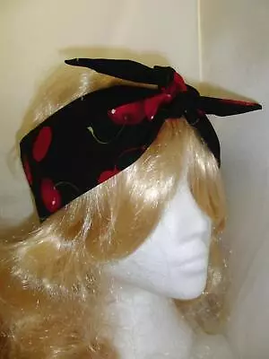 1950s Vintage Black Cherry Head Scarf - Burlesque Rockabilly Hair Tie Cherries • £10