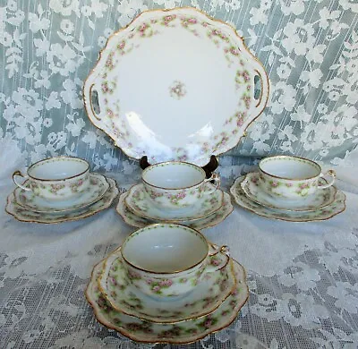 Limoges Lanternier Pink Roses Encrusted Gold Cake Plate & Cup Saucer Trios Nbu • $150