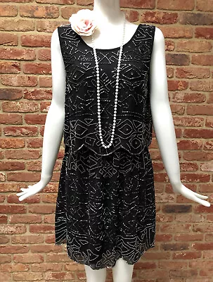 River Island Black Beaded Flapper Gatsby 1920s Charleston Party Dress Size 12 • £30