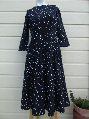 Retro 50s Style Black & White Polka Dot Dress 3/4 Sleeve Pockets ~ UK 10 ~ BNWT • £11.99