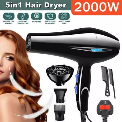 Professional 2000W Hair Dryer Hair Styling Blower Tool With Diffuser & Nozzle UK • £8.79