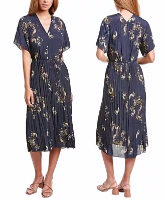 VINCE Painted Blooms Floral Tie Waist Crinkle-Textured  Midi Dress Navy  M  $445 • $199.99