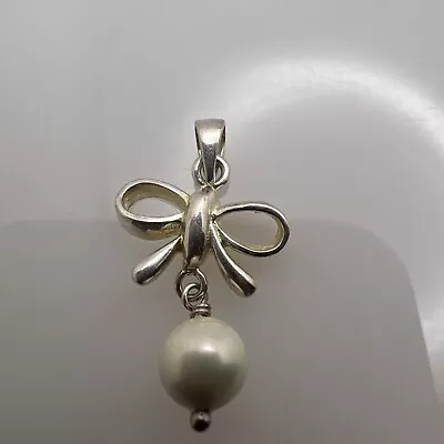 Vintage White Pearl Sterling Silver Bow Knot Ribbon Necklace Pendant • $59.99