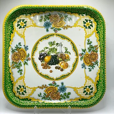 Vintage Daher Decorated Ware Green Yellow Fruits Flowers Square Tin Tray England • $14.99