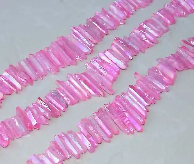 Pink AB Titanium Quartz Crystal Points Strand Raw Pendant Beads Healing 20-40mm • $21.95