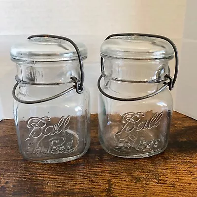 VTG Ball Eclipse Pint Mason Jar Clear Square Wire Bale Glass Lid_Lot Of 2 • $29.99