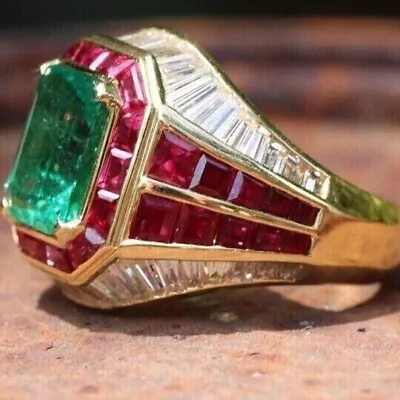 4Ct Emerald Simulated Emerald &Ruby Diamond Wedding Men Ring 925 Sterling Silver • $234.17