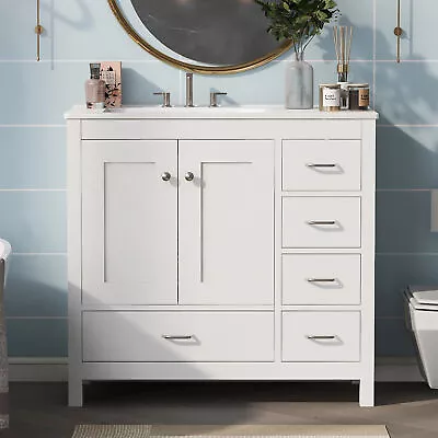 36  White Bathroom Vanity With Ceramic Sink Combo Abundant Storage Cabinet • $442.50