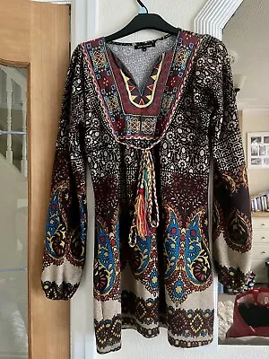 QED London Hippy Hippie Boho Geometric Woollen Look Long Sleeve Dress Size 8/10 • £8