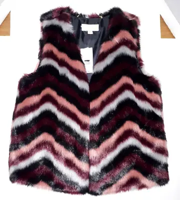 NWT Michael Kors Chevron Vest MICHAEL Women M Faux Fur Pink Burgundy White Black • $54.99