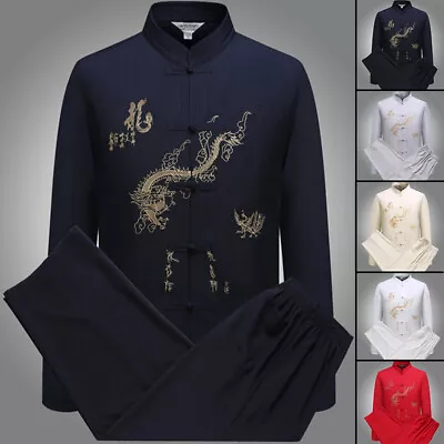 Mens Traditional Chinese Tang Suit Set Kung Fu Taichi Uniform Dragon Embroidey • $17.99