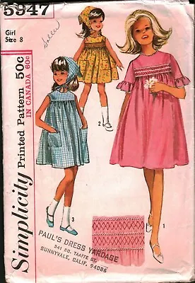 5947 Vintage Simplicity Sewing Pattern Girl 1960s Dress Scarf Smocked 8 OOP Sew • $5.99