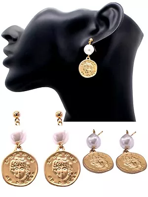 Small Gold Pearl Earrings Coin Design Drop Dangle Chic Statement Ear Boho • £4.49