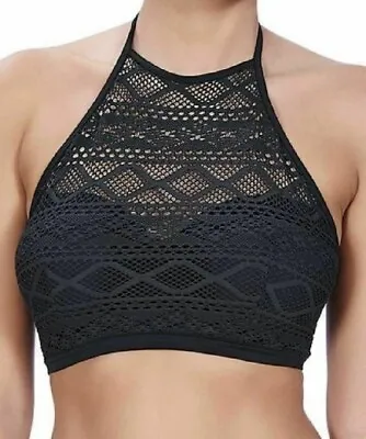 Freya Sundance Bikini Top Black Size 34D Padded High Neck Crop Crochet 3973 New • £24.89