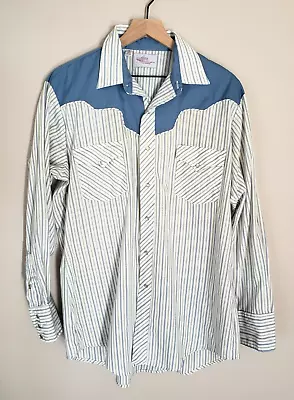 Vintage Kenny Rogers Karman Western Pearl Snap Shirt Yoke Blue Striped 17 35 • $24.95