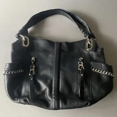 B. Makowsky Black 100% Leather Silver Chain Hardware Zip Shoulder Hobo Handbag • $37.99
