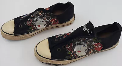 Ed Hardy Vintage Black Tatoo Style Geisha Girl Lace Up Sneakers Women Size 8 EUC • £52.53