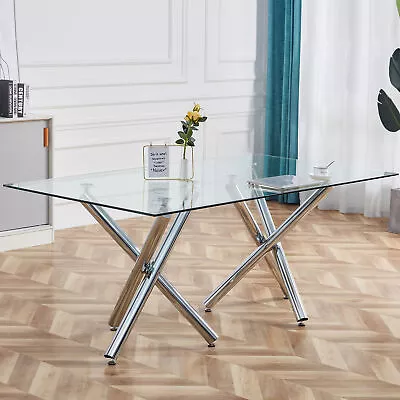 71'' Large Modern Rectangular Glass Top Kitchen Dining Table Silver Metal Legs • $512.99