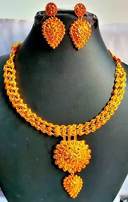 Indian 22K Gold Plated Wedding Necklace Earrings 8'' Long Set Aec • $35.84