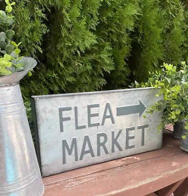Farmhouse Inspired Flea Market Sign; Galvanized Metal W/Raised Gray Lettering • $19.50