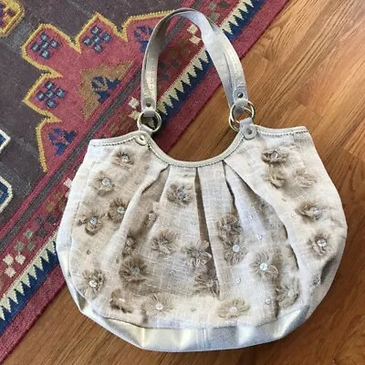 $14.99 • Buy Sigrid Olsen Womens Tote Bag Handbag Purse Beige Gold Fringe Pearl MOP Buttons 