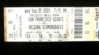 San Francisco Giants Vs Arizona Diamondbacks Ticket Stub 9/5/01 At Pac Bell Park • $12.33