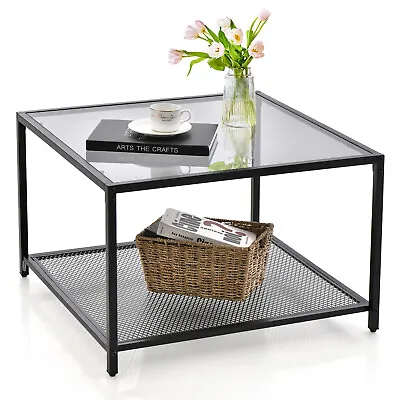 70cm 2-Tier Coffee Table Square Glass W/ Mesh Shelf Side Table Living Room • $115.95