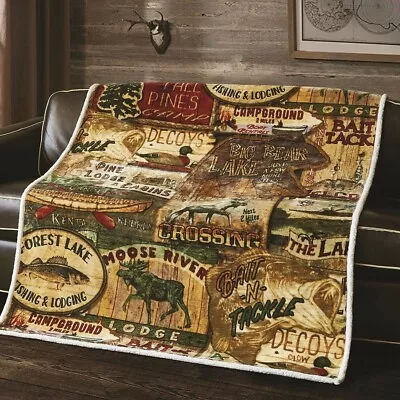 New Lake House Sherpa Gift Fleece Throw Blanket Lodge Fishing Cabin Moose Fish • $18.36